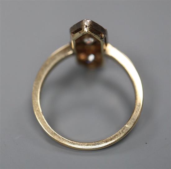 A 1920s? Austrian pierced 585 yellow metal and diamond set oblong dress ring, size M, gross 2.8 grams.